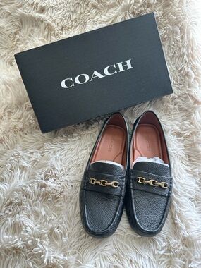 Coach Black Pebbled Leather Loafers with Gold Bit